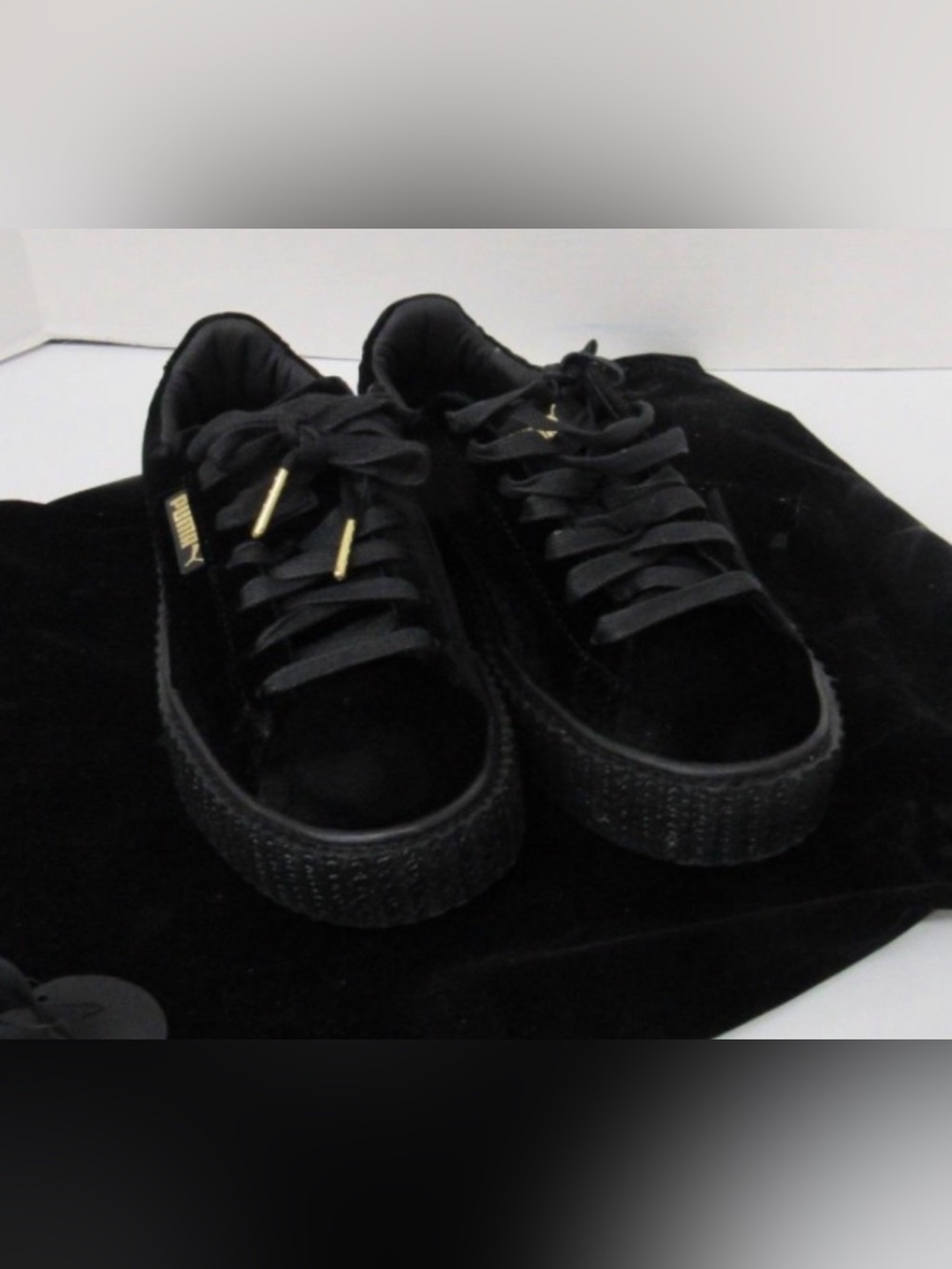 Rihanna women Black Velvet Platform Sneakers with Gold Accents
